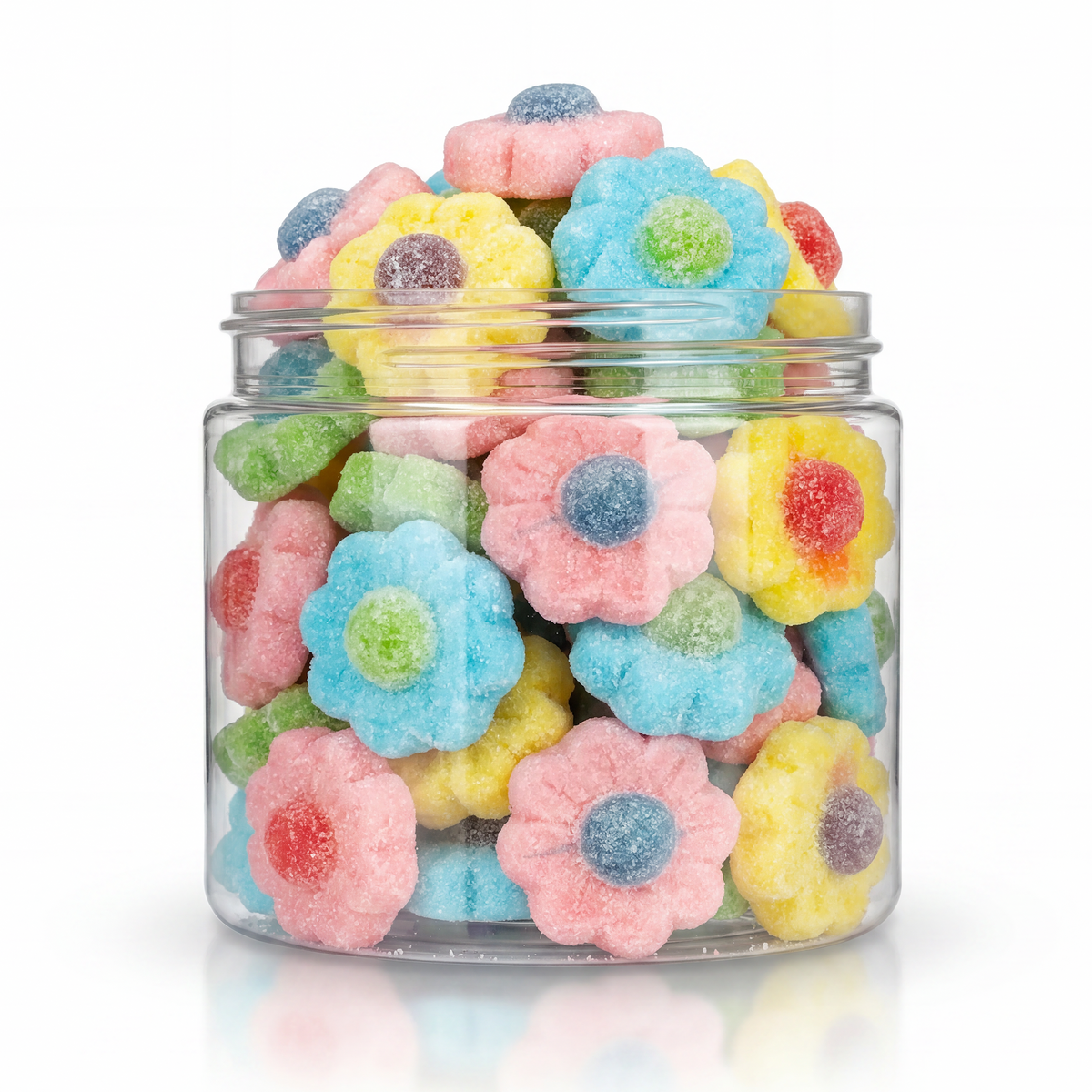 Pastel Flowers (Bulk) featuring a pretty and sweet sugar-coated assortment of colourful flower-shaped gummy candies from a 100% peanut and tree nut free bakery.