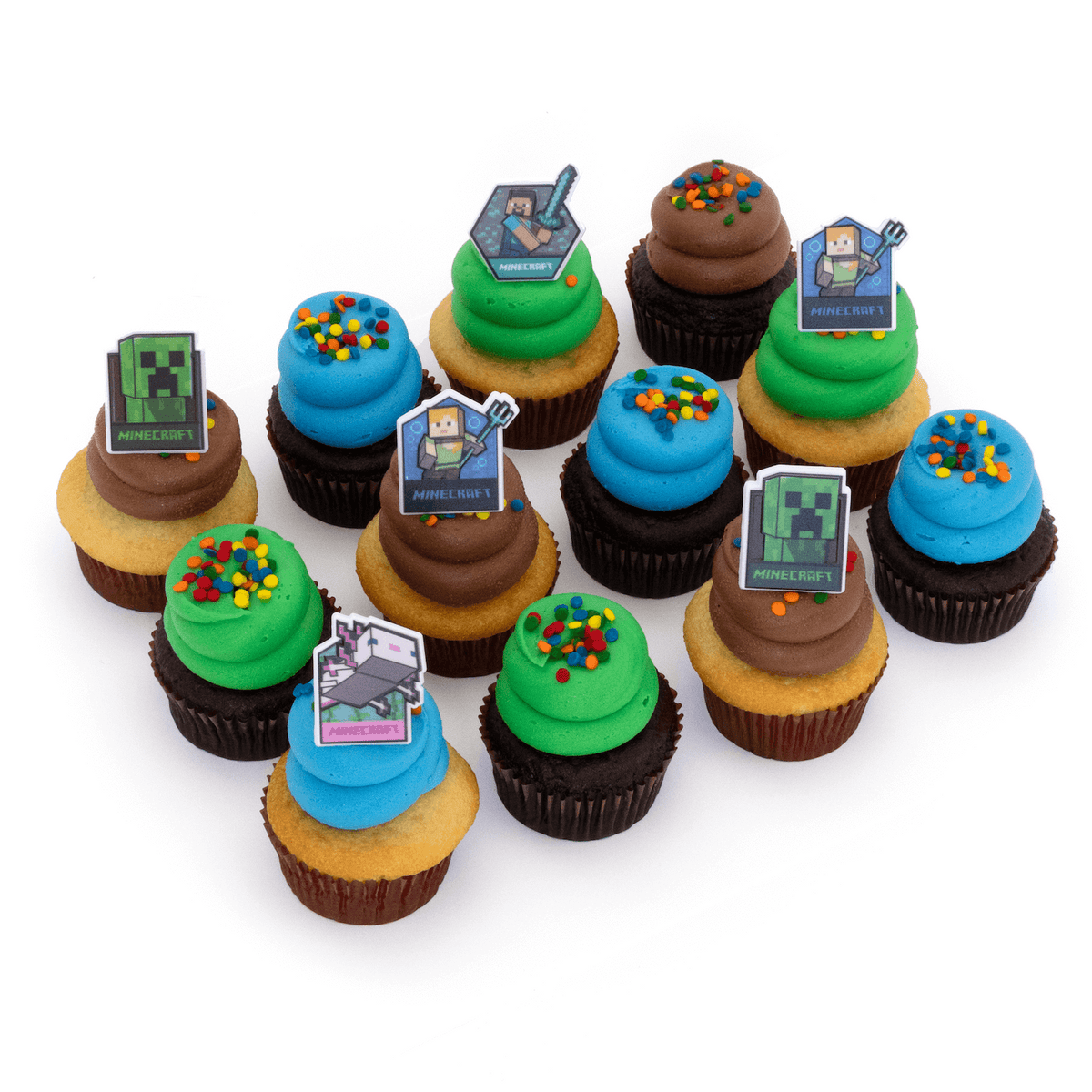 Order official Minecraft nut-free cupcakes! Safe birthday party treats with Steve & Creepers, available for Toronto delivery.