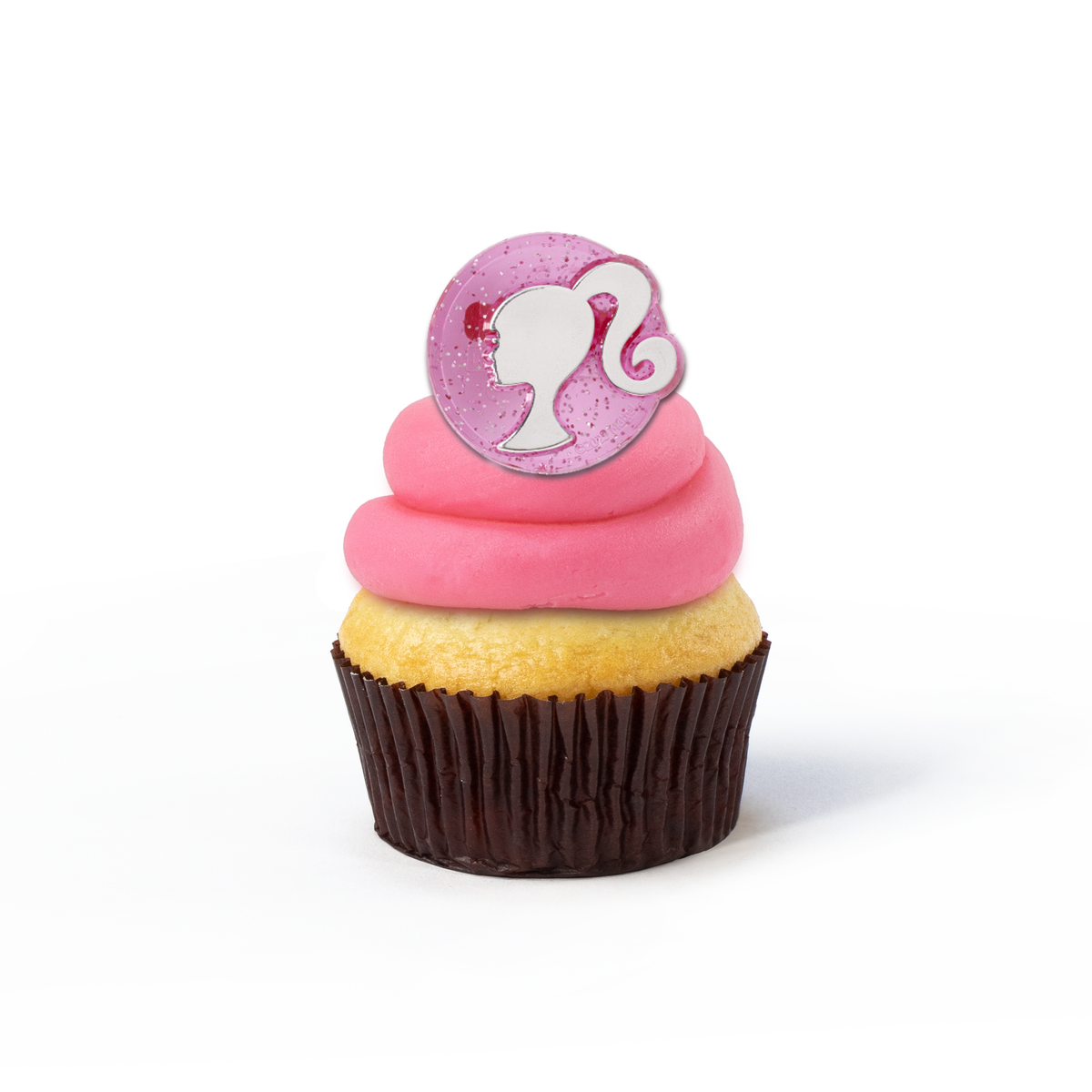 Single Barbie nut-free cupcake with pink frosting and themed logo image for an individual gift box or school lunch in Toronto.