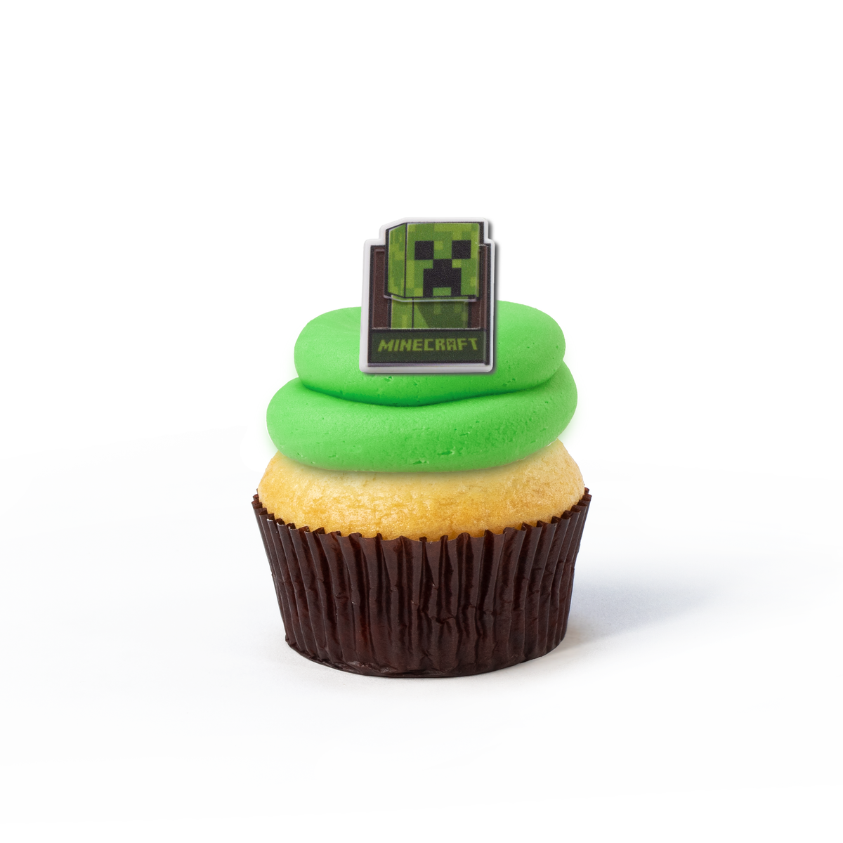 Single Minecraft nut-free cupcake with Creeper image and frosting for an individual gift box or school lunch in Toronto.