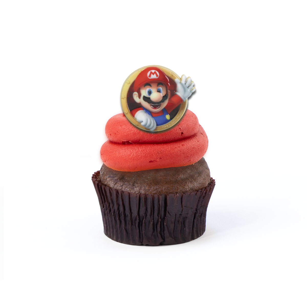 Single Super Mario Bros. nut-free cupcake with Mario image and themed frosting for an individual gift box or school lunch in Toronto.