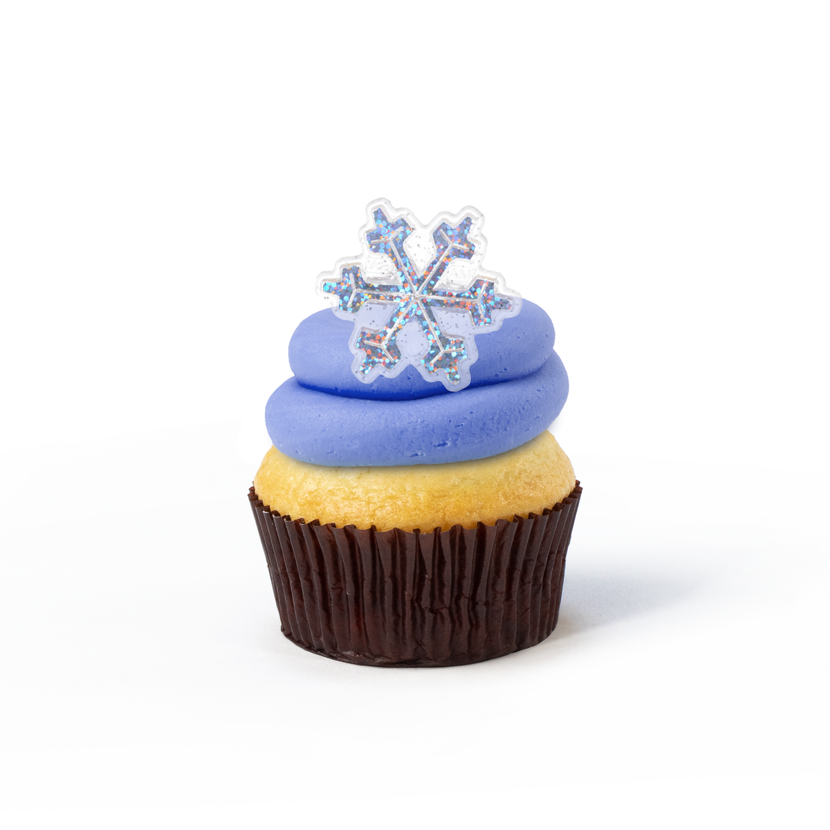 Single Winter nut-free cupcake with blue and vanilla frosting and snowflake sprinkles for an individual gift box or school treat in Toronto.
