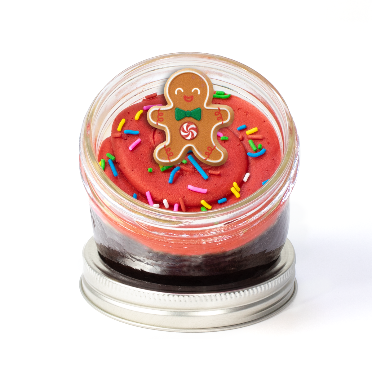 Christmas Jarcake (Mini/Regular sizes) in a jar with personalized sticker option, seasonal frosting, and festive rings for nut-free delivery in Toronto.
