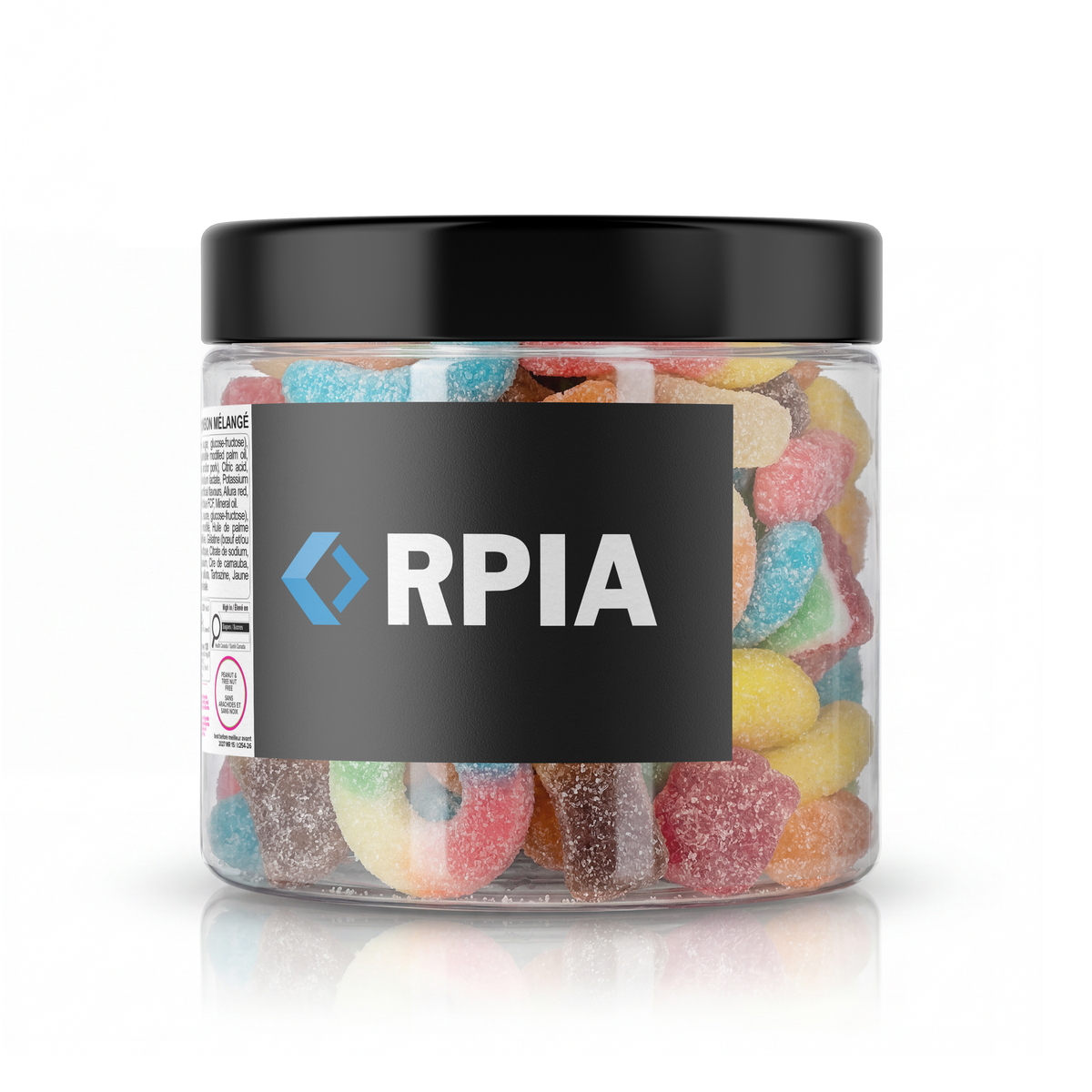 Clear custom logo candy tub with black lid, filled with colourful assorted sour gummies.