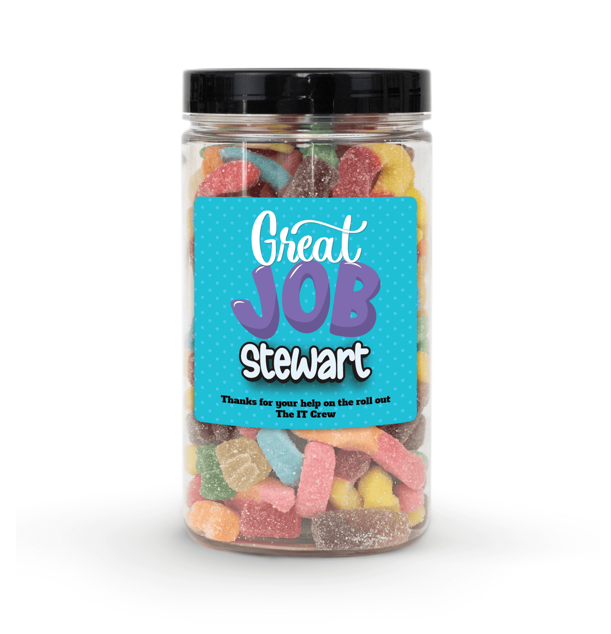 "Great Job" Candy Jar (6" tall) with custom name and message sticker, filled with nut-free Boom Candy for delivery in Toronto.