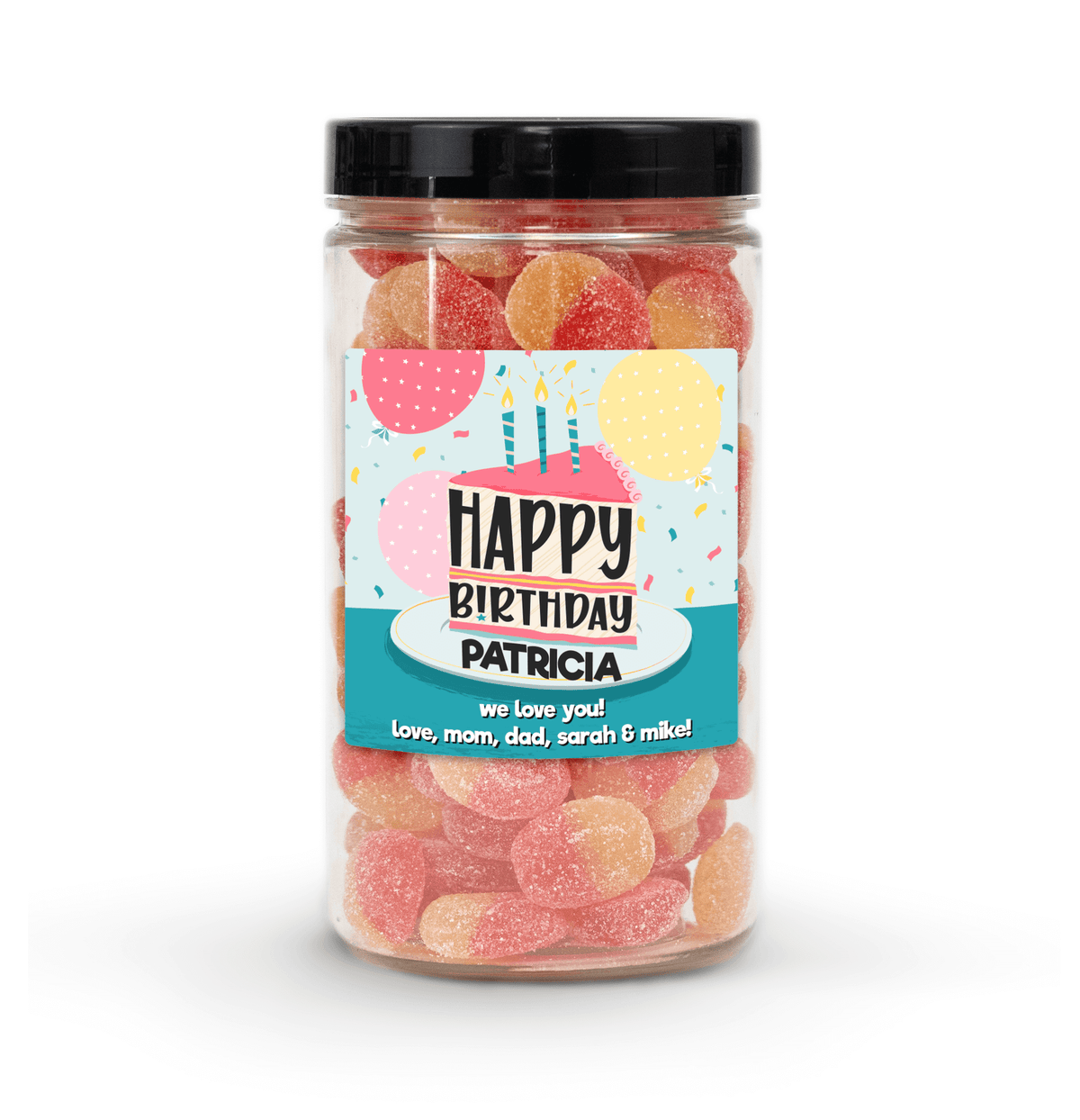 Happy Birthday Candy Jar (6" tall) with classic custom name and message sticker, filled with nut-free Boom Candy for delivery in Toronto.