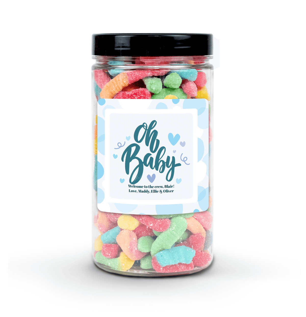 "It's a Boy" Personalized Candy Jar (6" tall) with custom name and message sticker, filled with nut-free Boom Candy for delivery in Toronto.