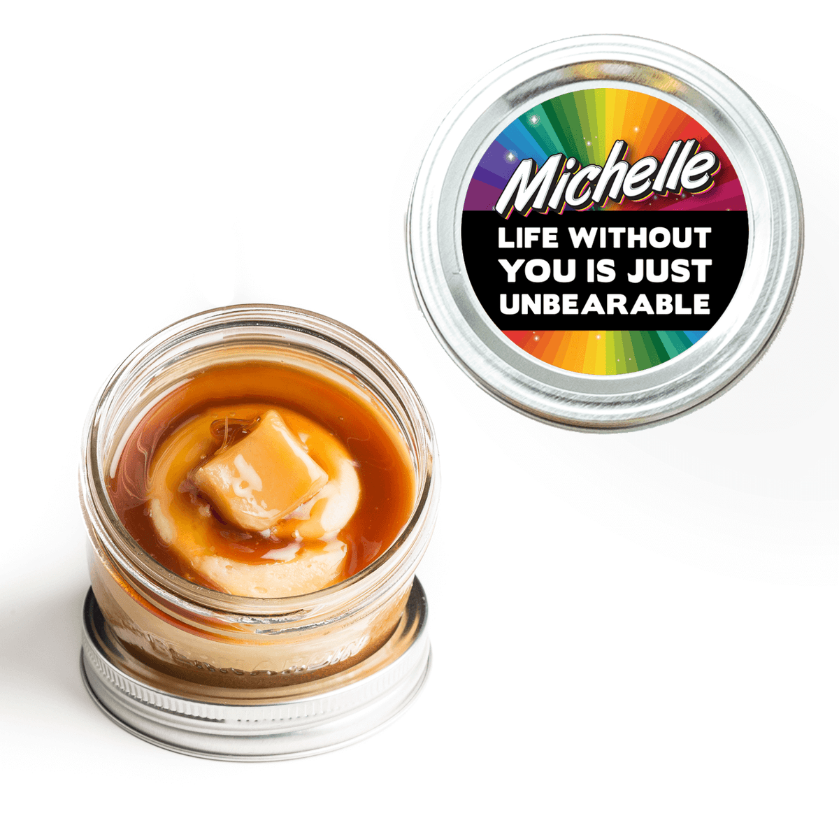 "Life Without You" Personalized Jarcake in a jar with punny sticker applied to a gourmet cupcake jar (various flavours available) for nut-free delivery in Toronto.