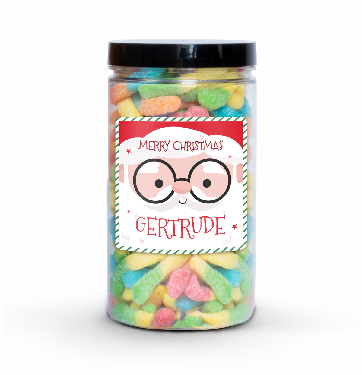 Santa Face Candy Jar (6" tall) with custom name and message sticker, filled with nut-free Boom Candy for Christmas delivery in Toronto.