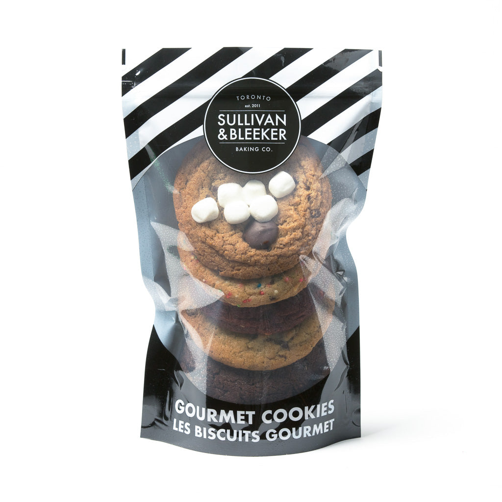 Custom Cookie Six Pack with 6 assorted soft-baked nut-free cookies in a resealable bag, chosen by the customer for personalized delivery in Toronto.