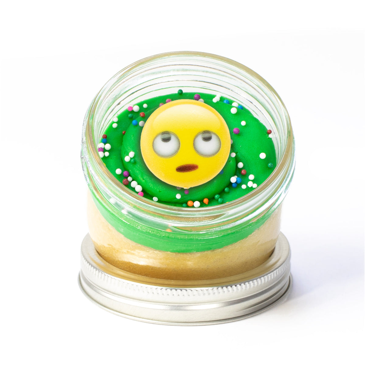 Emoji Jarcake (Mini/Regular sizes) in a jar with personalized sticker option, yellow frosting, and smiley face ring for nut-free delivery in Toronto.