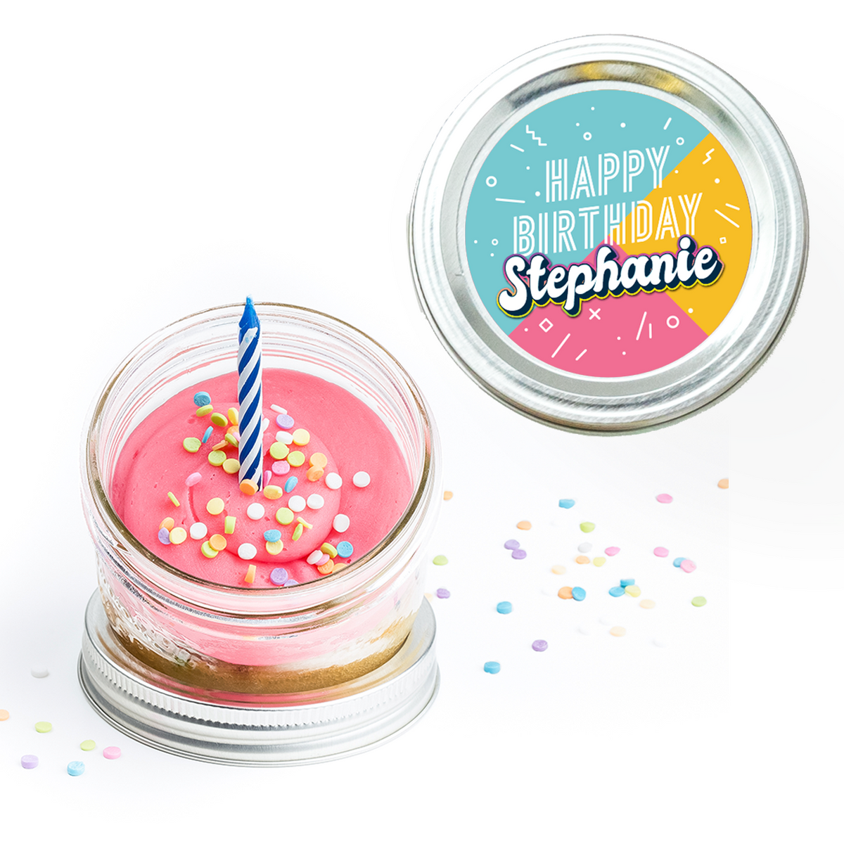 Happy Birthday Personalized Jarcake in a jar with classic text sticker applied to a gourmet cupcake jar (various flavours available) for nut-free delivery in Toronto.