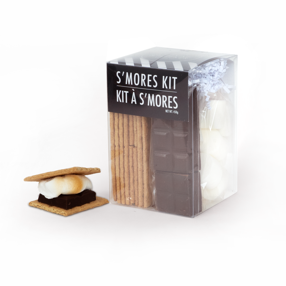 Nut-Free S'mores Kit box containing graham crackers, chocolate, and marshmallows for indoor/outdoor family activity.