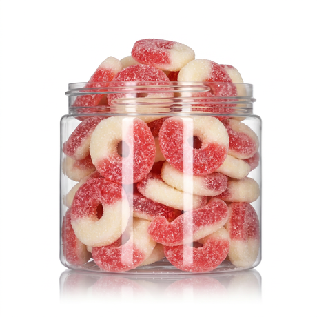Gummy Cherry Rings (Bulk) featuring vibrant, juicy and tangy red and white sugar-dusted gummy rings from a 100% peanut and tree nut free bakery.