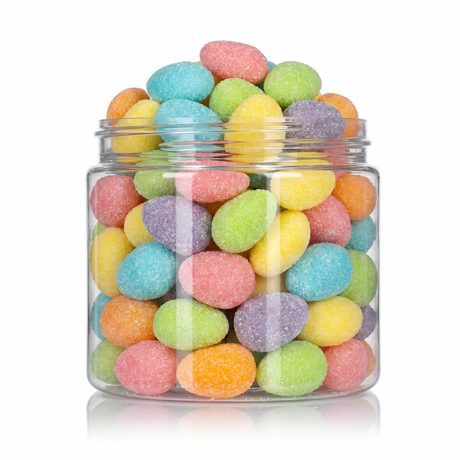 Sweet Sugared Eggs (Bulk) featuring festive, colourful fruit-flavoured sugar sanded egg shaped candies from a 100% peanut and tree nut free bakery.
