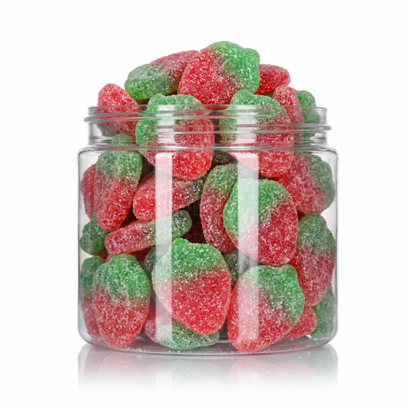 Sugared Strawberries bulk candy, sugar-sanded strawberry gummies, 100% peanut and tree nut free treats, delivery Toronto GTA.