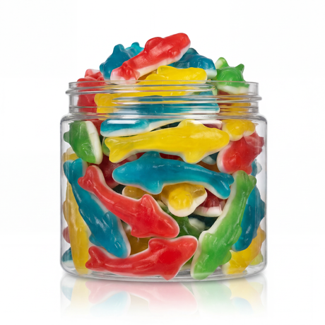 Rainbow Sharks (Bulk) featuring a vibrant, multi-coloured assortment of chewy fruit-flavoured gummy shark shapes with white foam bellies from a 100% peanut and tree nut free bakery.