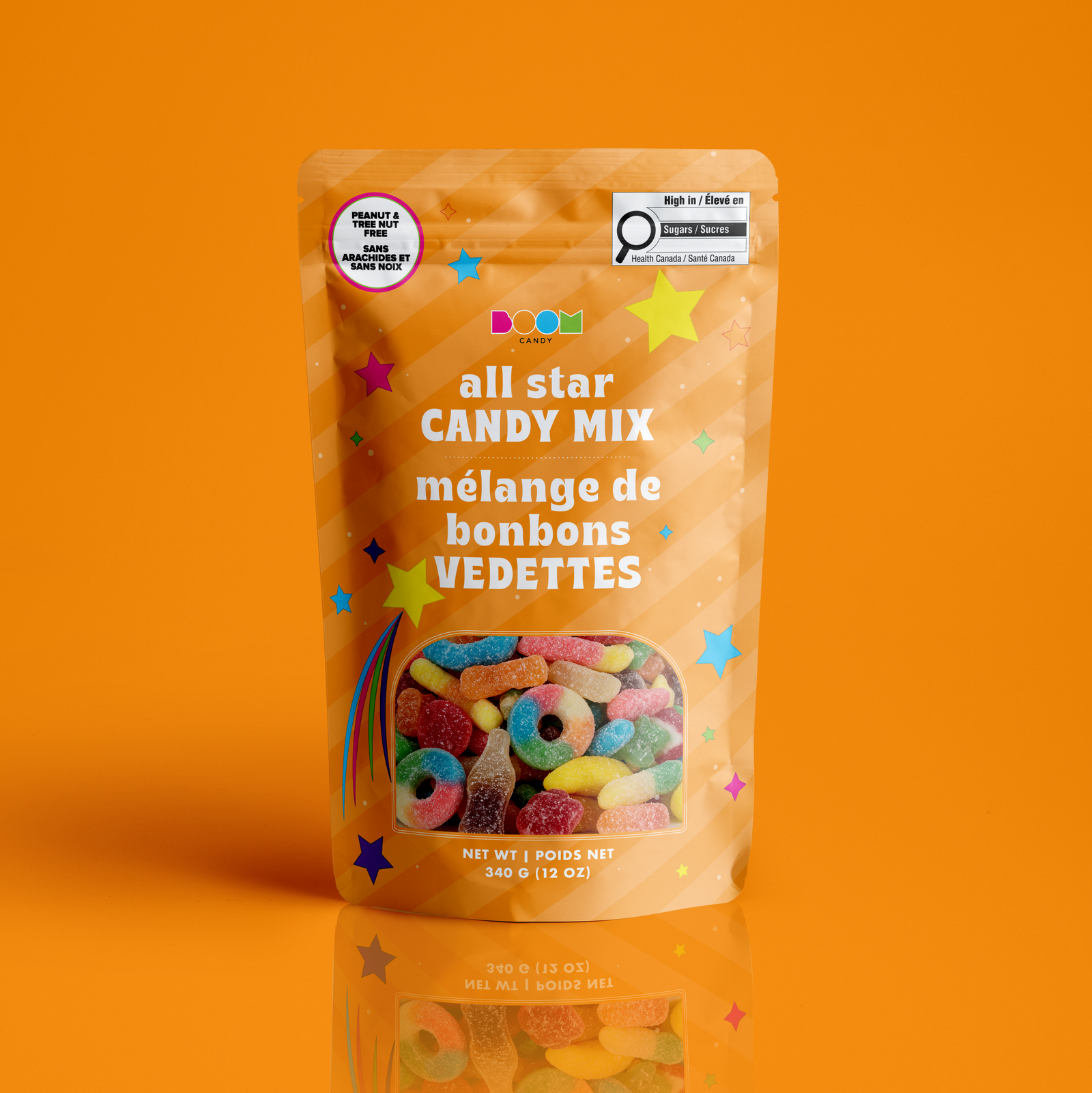 All-Star Candy Mix 340g package featuring a vibrant multi-coloured assortment of favourite fruit sweets and confections from a 100% peanut and tree nut free facility.