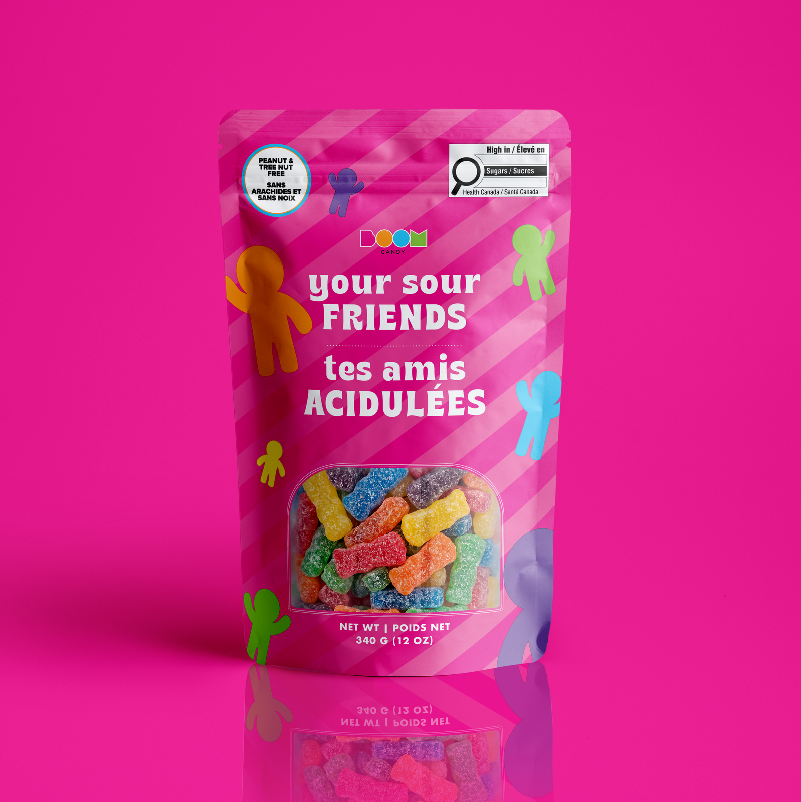 Pink Friends 340g candy package featuring a sour assortment of character shaped chewy fruit sweets and confections from a 100% peanut and tree nut free facility.