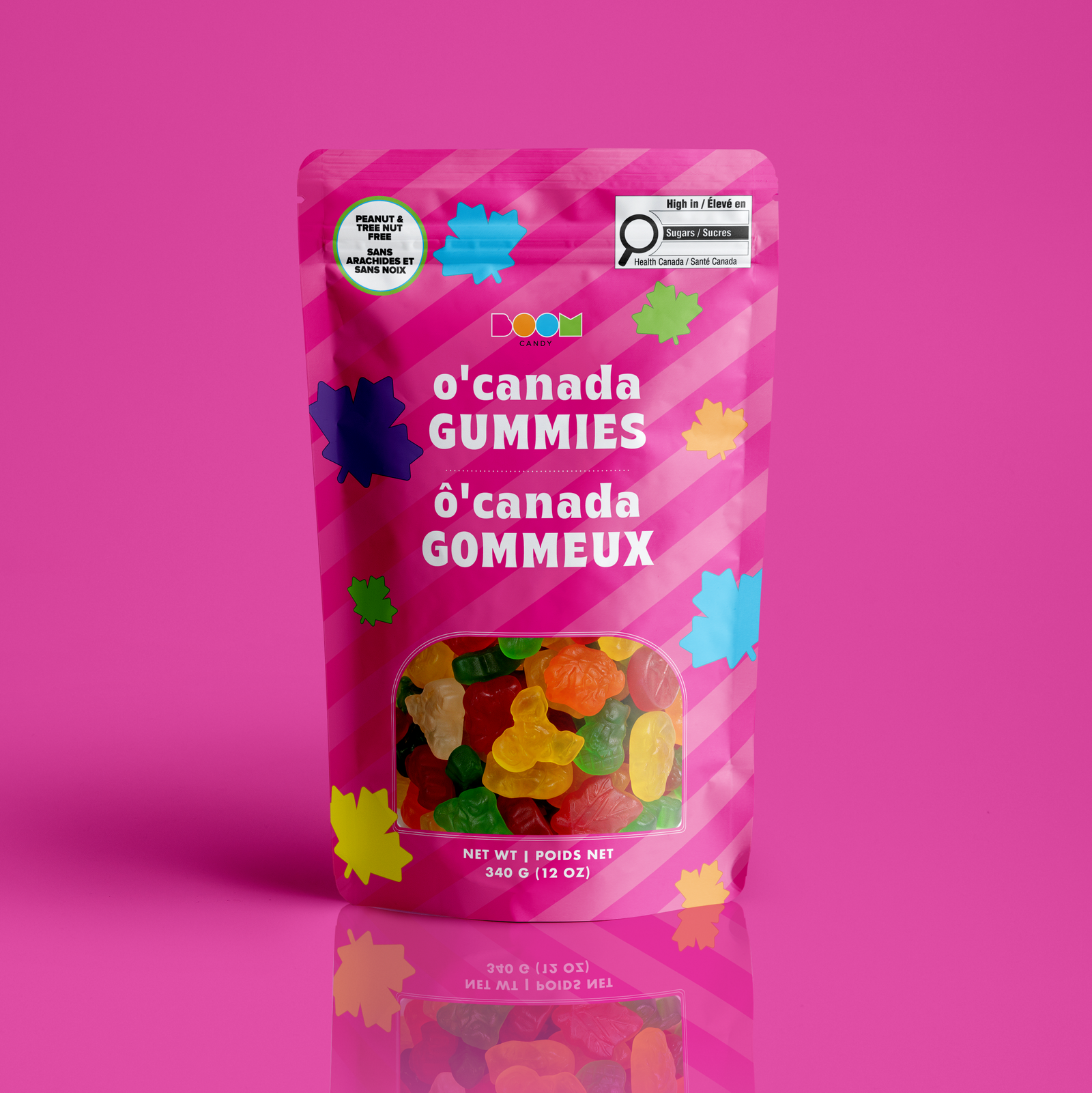 Canadian Maple Leaf Gummies 340g package featuring a vibrant colour scheme of Canadian inspired chewy sweets and confections from a 100% peanut and tree nut free facility.