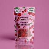 Cherries 340g candy package featuring a vibrant red and pink bag filled with cherry shaped chewy fruit sweets and confections from a 100% peanut and tree nut free facility.