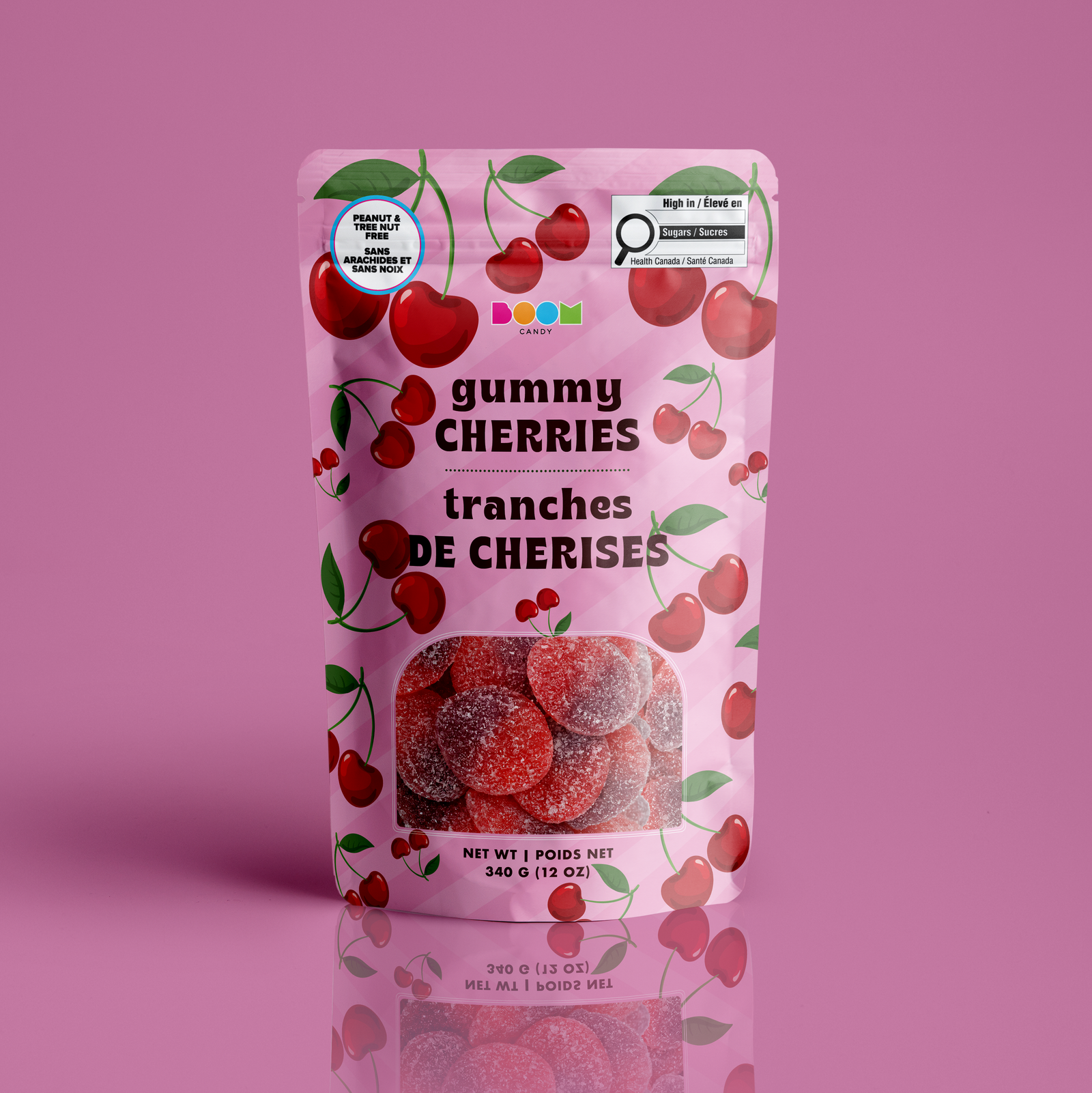 Cherries 340g candy package featuring a vibrant red and pink bag filled with cherry shaped chewy fruit sweets and confections from a 100% peanut and tree nut free facility.