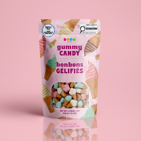 Ice Cream Bag 340g candy package featuring a colourful pastel assortment of ice cream cone shaped chewy sweets and confections from a 100% peanut and tree nut free facility.
