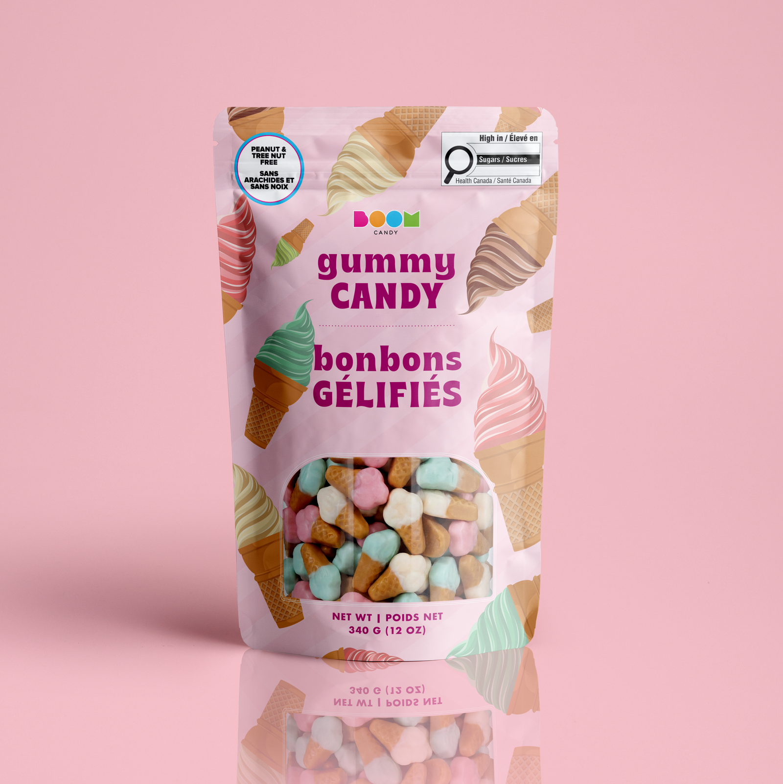 Ice Cream Bag 340g candy package featuring a colourful pastel assortment of ice cream cone shaped chewy sweets and confections from a 100% peanut and tree nut free facility.