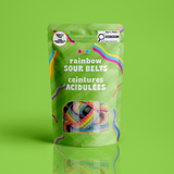 Sour Rainbow Belts 340g candy package featuring a vibrant multi-coloured assortment of sour sugar-dusted belt shaped chewy fruit sweets and confections from a 100% peanut and tree nut free facility.