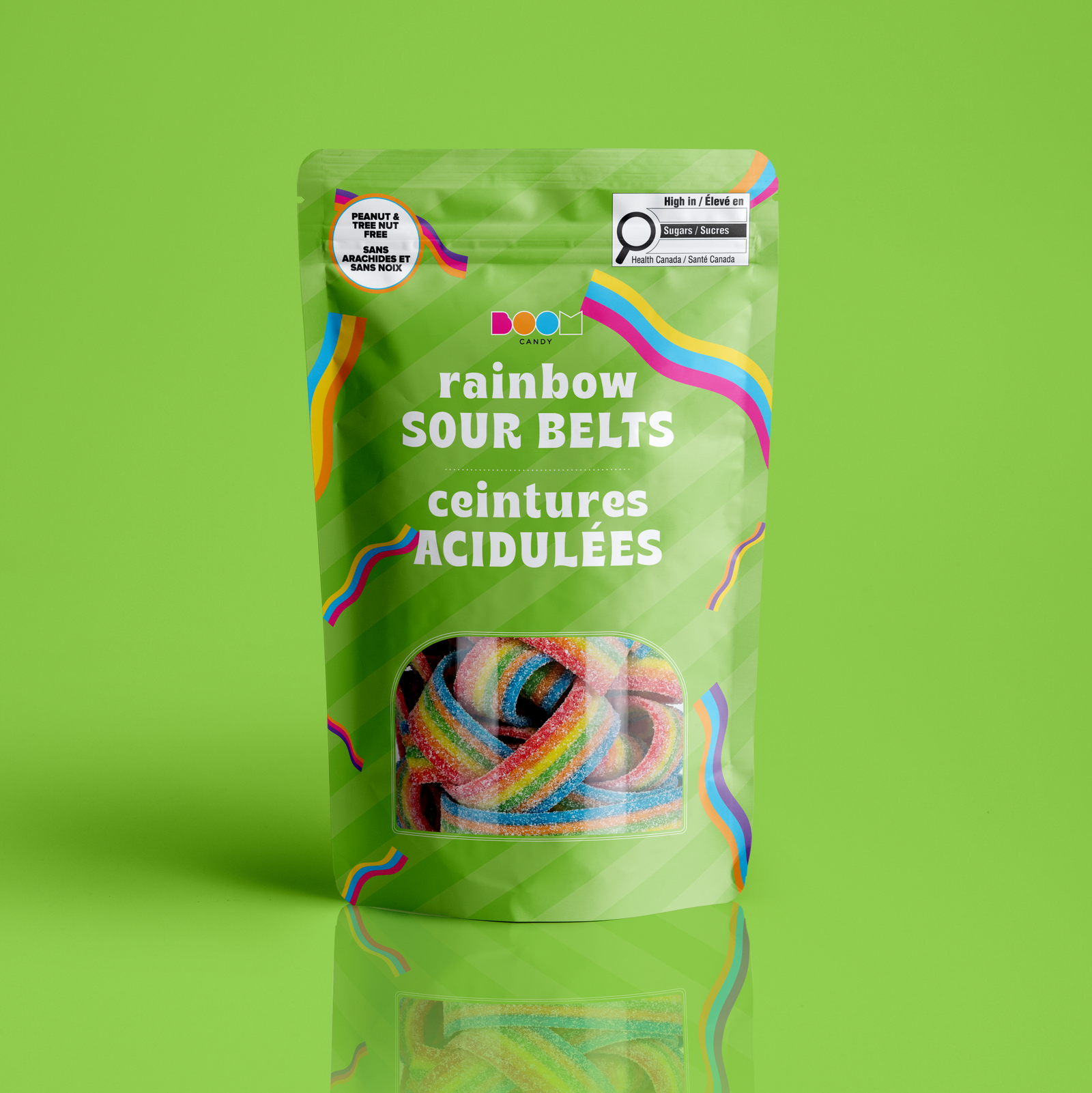 Sour Rainbow Belts 340g candy package featuring a vibrant multi-coloured assortment of sour sugar-dusted belt shaped chewy fruit sweets and confections from a 100% peanut and tree nut free facility.