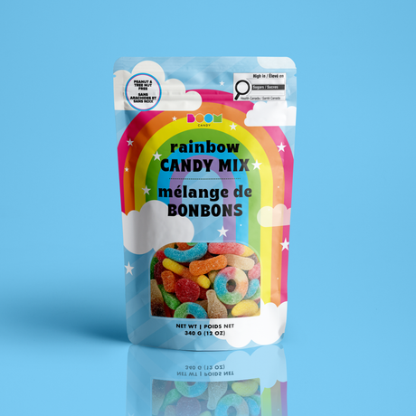 Rainbow Candy Mix 340g candy package featuring a vibrant multi-coloured assortment of sweet fruit-flavoured sweets and confections from a 100% peanut and tree nut free facility.