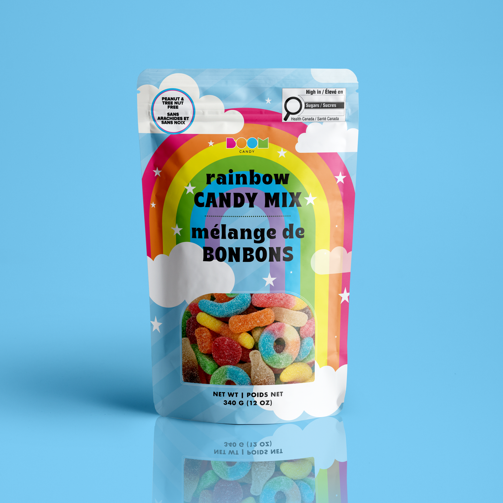 Rainbow Candy Mix 340g candy package featuring a vibrant multi-coloured assortment of sweet fruit-flavoured sweets and confections from a 100% peanut and tree nut free facility.