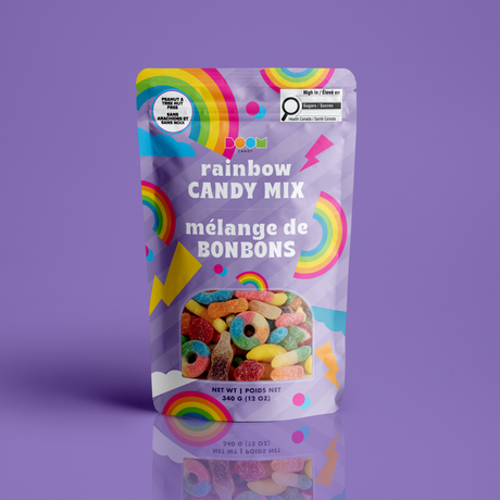 Lightning Rainbow Mix 340g candy package featuring an electrifying multi-coloured assortment of fruity sweets and confections from a 100% peanut and tree nut free facility.