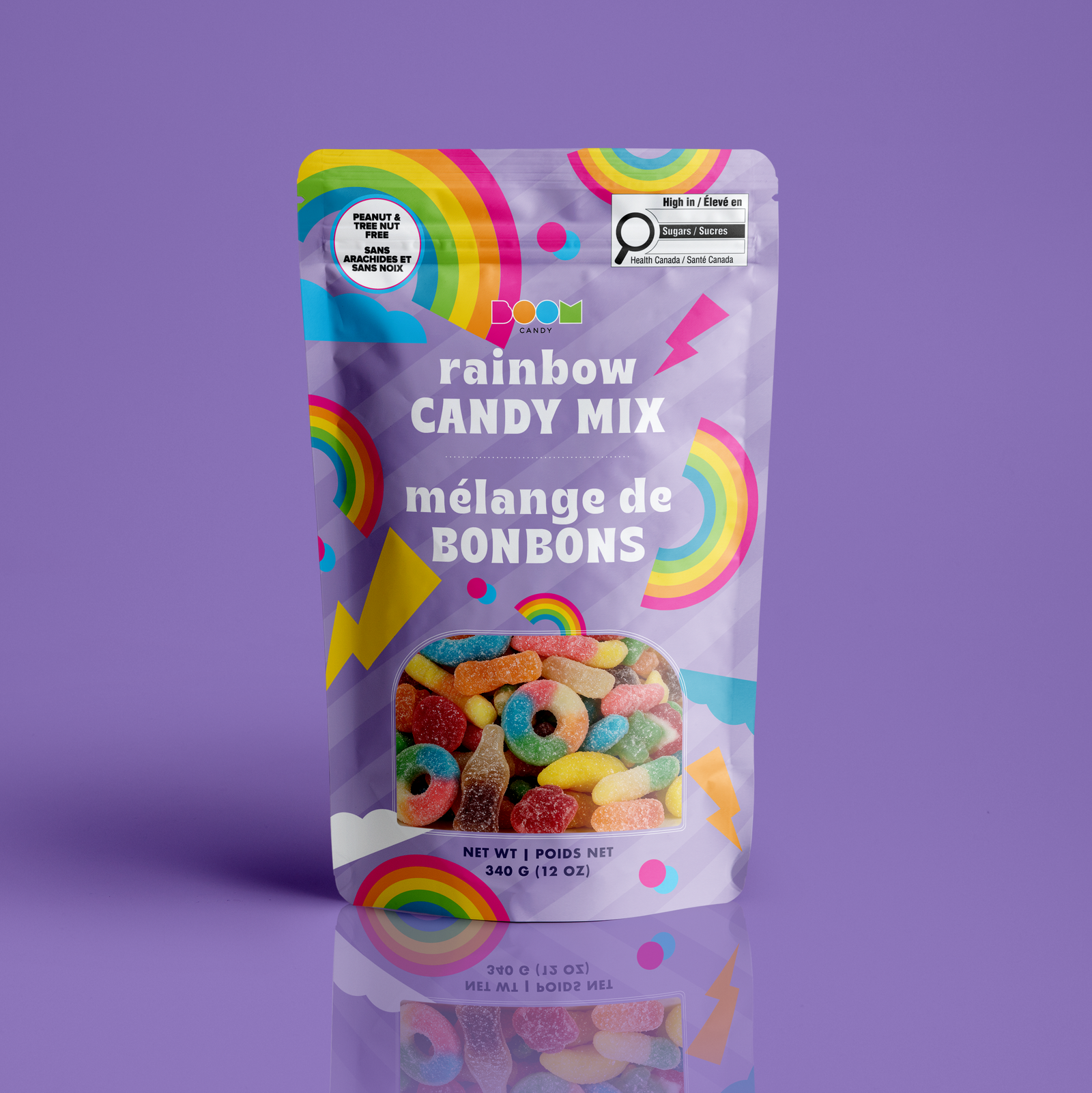 Lightning Rainbow Mix 340g candy package featuring an electrifying multi-coloured assortment of fruity sweets and confections from a 100% peanut and tree nut free facility.