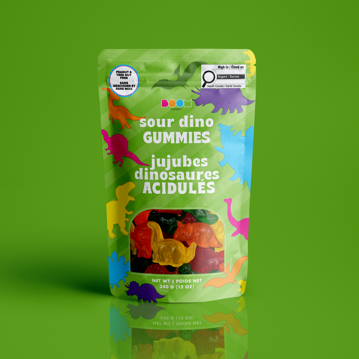 Sour Dino Gummy 340g candy package featuring a colourful multi-flavoured assortment of dinosaur shaped chewy fruit sweets and confections from a 100% peanut and tree nut free facility.