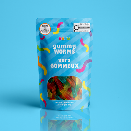 Gummy Worm 340g candy package featuring a vibrant multi-coloured assortment of dual-flavoured worm shaped chewy fruit sweets and confections from a 100% peanut and tree nut free facility.