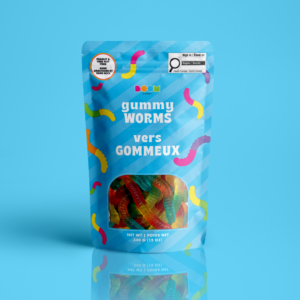 Gummy Worm 340g candy package featuring a vibrant multi-coloured assortment of dual-flavoured worm shaped chewy fruit sweets and confections from a 100% peanut and tree nut free facility.