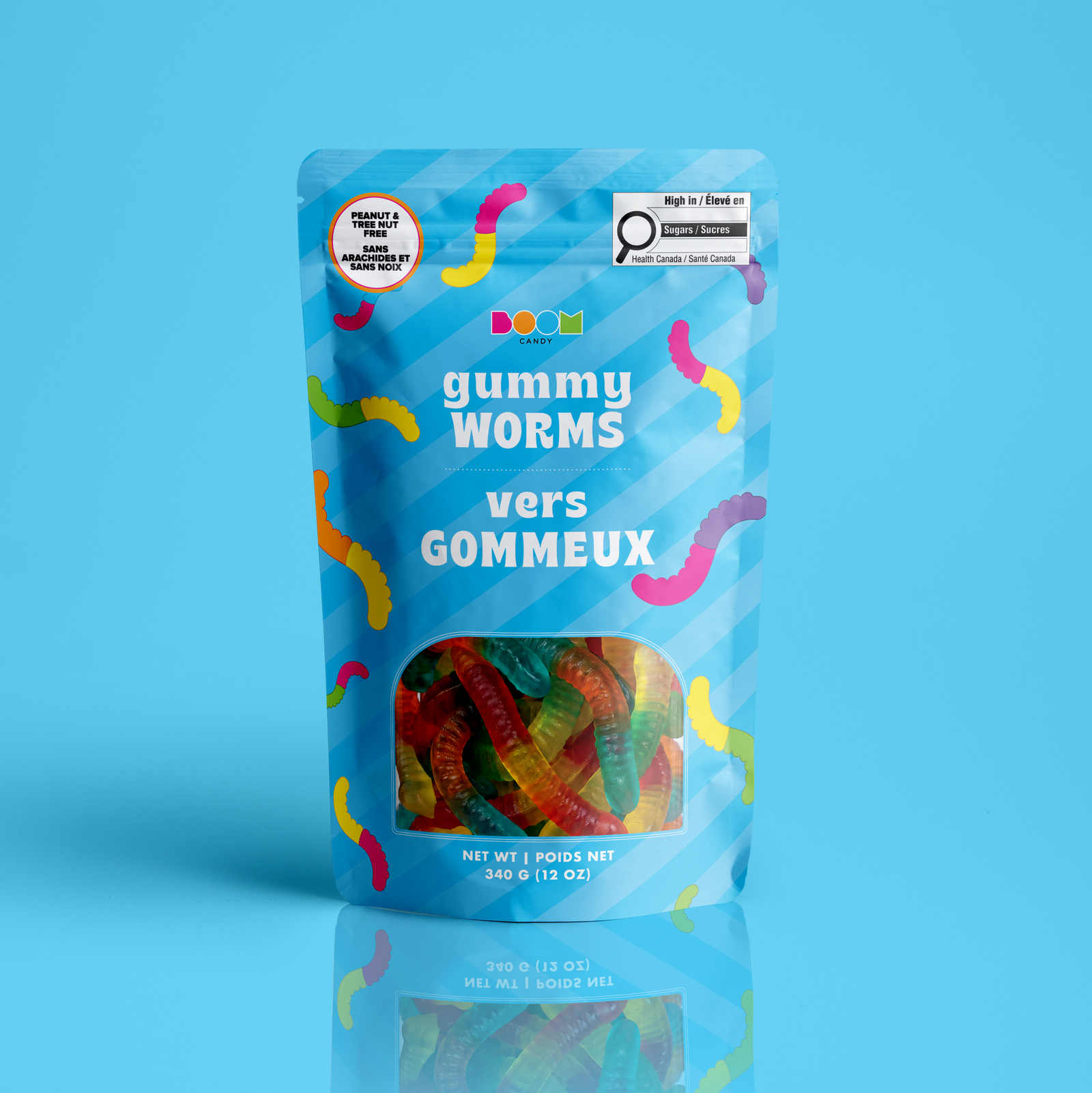 Gummy Worm 340g candy package featuring a vibrant multi-coloured assortment of dual-flavoured worm shaped chewy fruit sweets and confections from a 100% peanut and tree nut free facility.