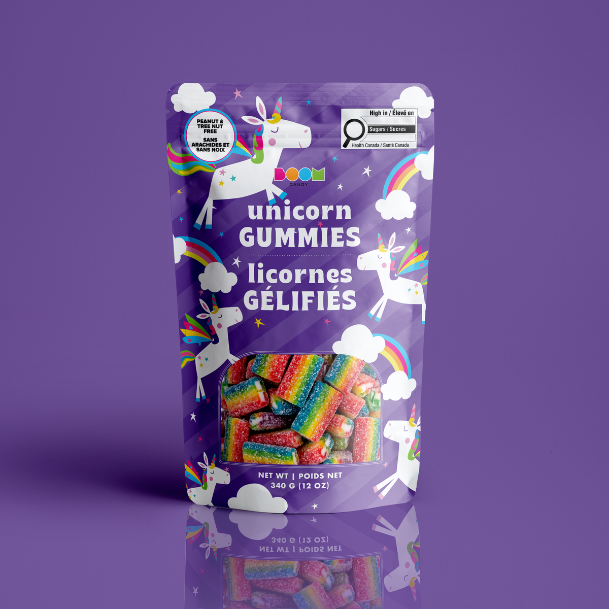 Rainbow Unicorn 340g candy package featuring a colourful pastel assortment of brick shaped sweet fruit confections in a vibrant purple bag from a 100% peanut and tree nut free facility.