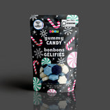 Candy Canes & Snowflakes package featuring a cheerful and fun assortment of festive winter holiday candy treats from a 100% peanut and tree nut free facility.
