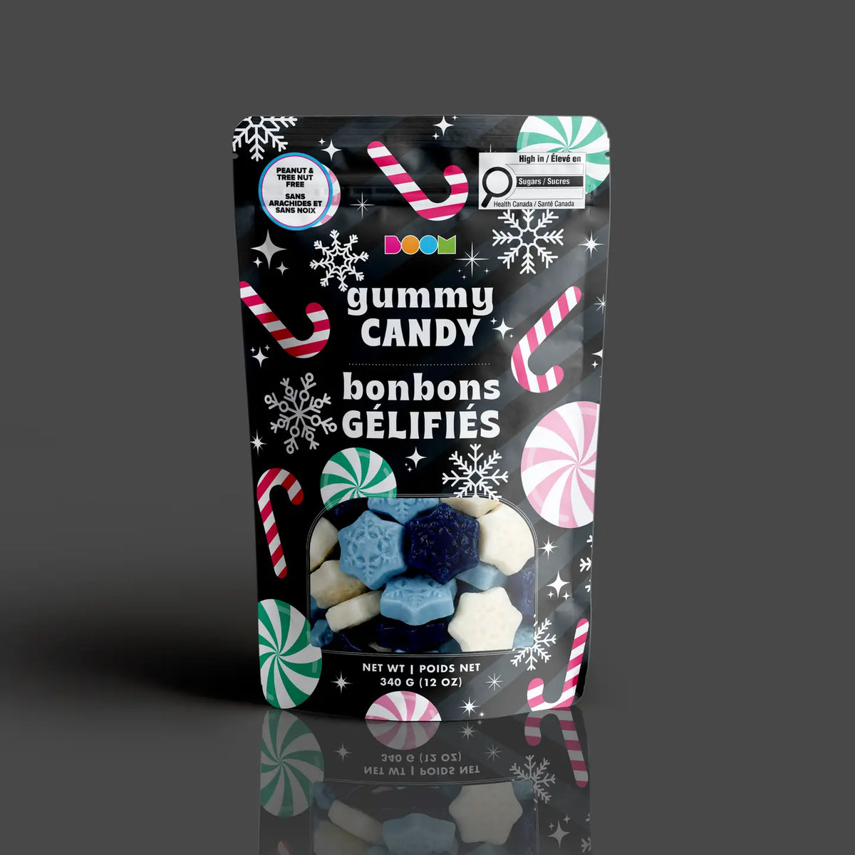 Candy Canes & Snowflakes package featuring a cheerful and fun assortment of festive winter holiday candy treats from a 100% peanut and tree nut free facility.