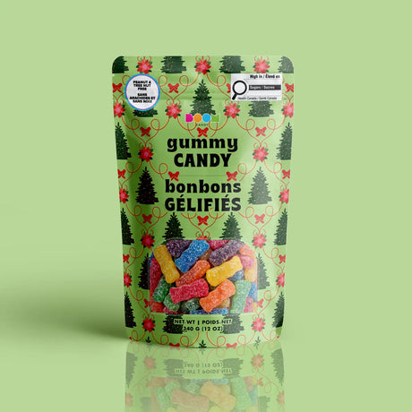 Christmas Tree Bag package featuring a cheerful and fun assortment of festive holiday tree candy treats from a 100% peanut and tree nut free facility.