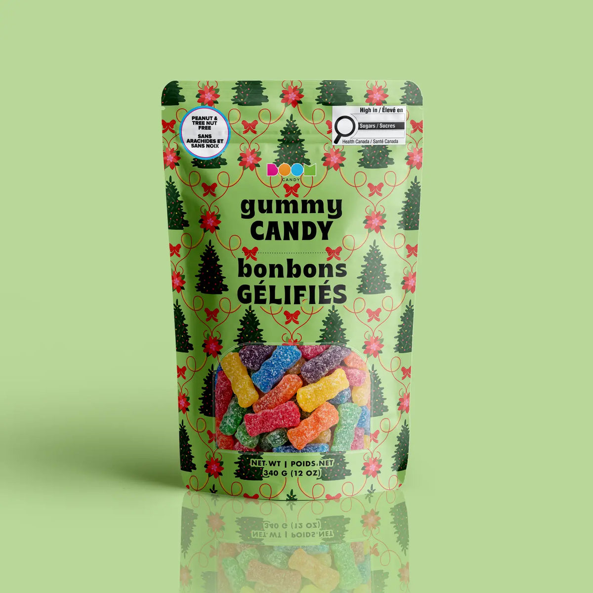 Christmas Tree Bag package featuring a cheerful and fun assortment of festive holiday tree candy treats from a 100% peanut and tree nut free facility.