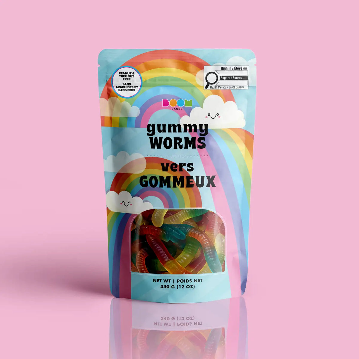 Candy Cute Clouds Gummies 340g package featuring a vibrant colour scheme of cloud inspired bag. Filled with gummy worm candy from a 100% peanut and tree nut free facility.