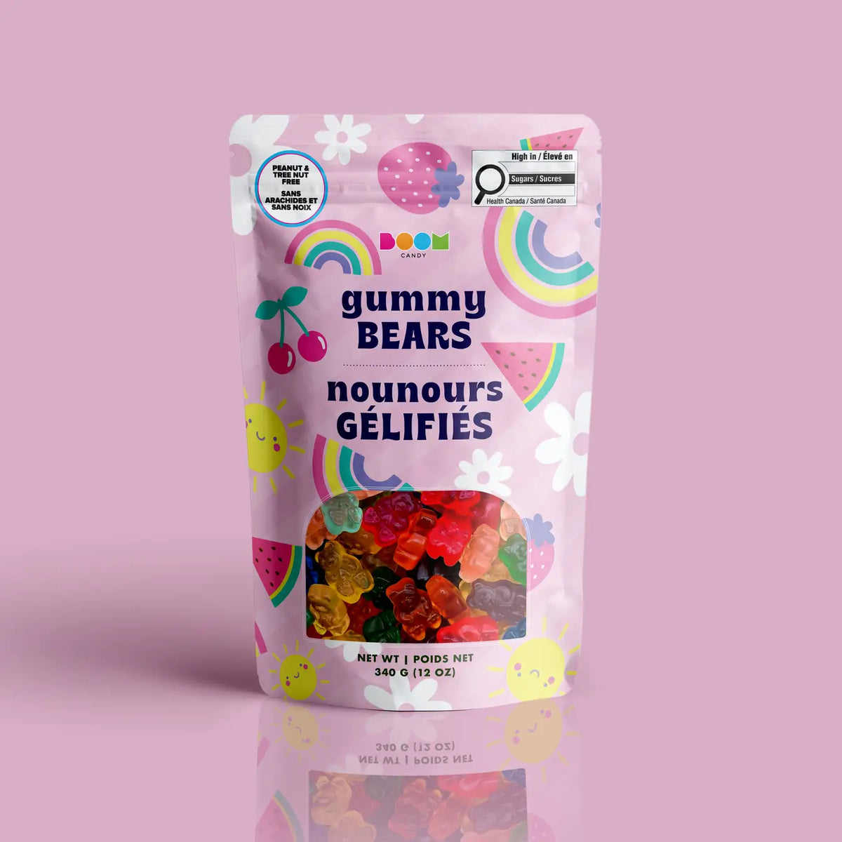 Flowers & Rainbows Bag 340g package featuring a vibrant colour scheme of flower and rainbows. Filled with Gummy Bears from a 100% peanut and tree nut free facility.