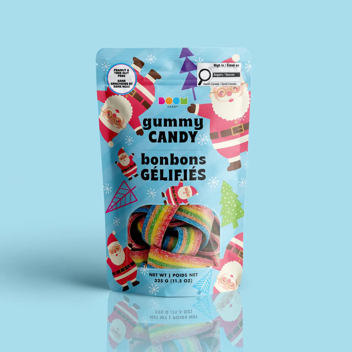 Falling Santas package featuring a cheerful and fun assortment of festive holiday Santa candy treats from a 100% peanut and tree nut free facility.