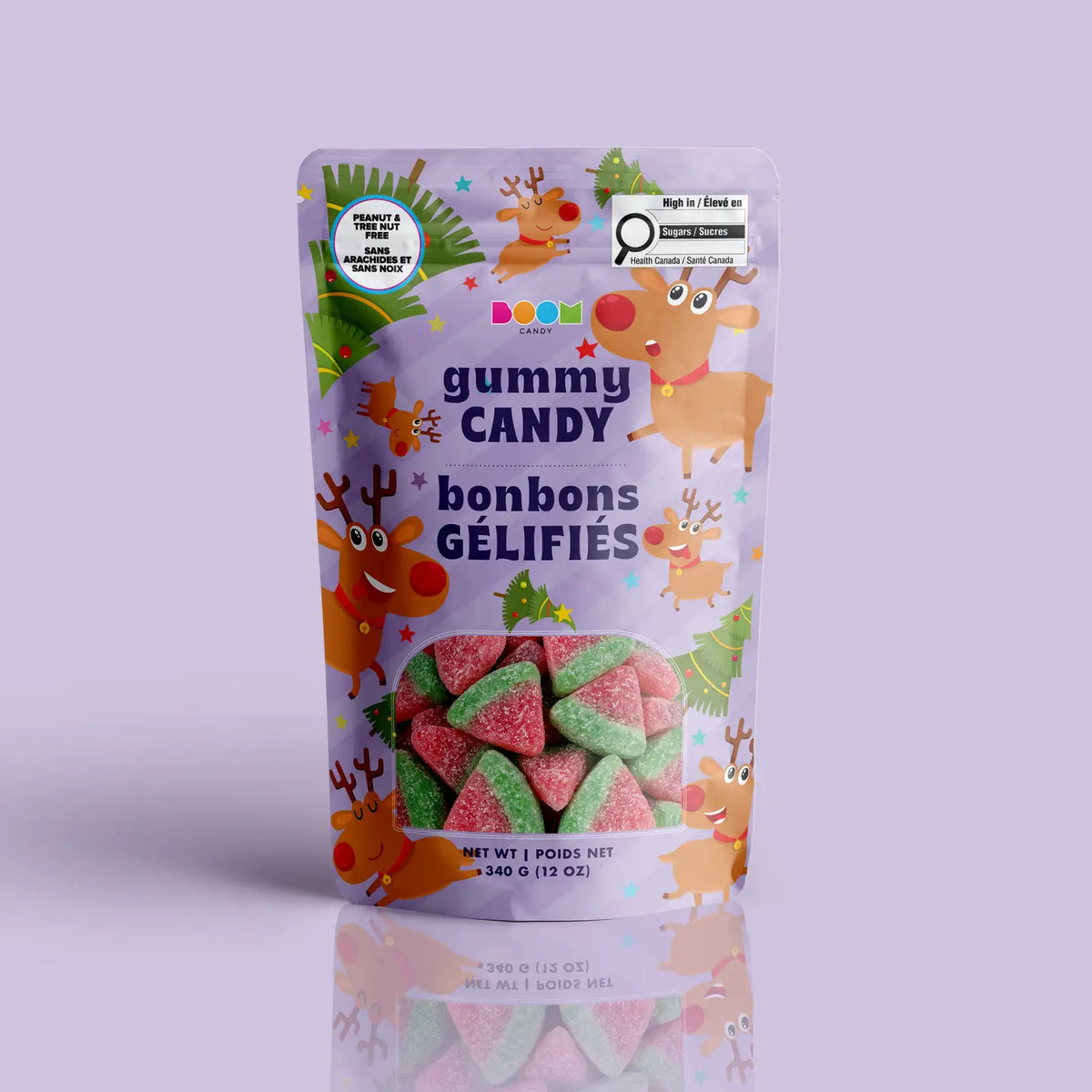 Goofy Reindeer package featuring a cheerful and playful assortment of festive holiday reindeer candy treats from a 100% peanut and tree nut free facility.