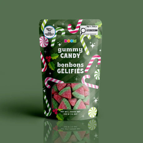 Green Candy Canes package featuring a cheerful and fun assortment of festive holiday candy treats from a 100% peanut and tree nut free facility.