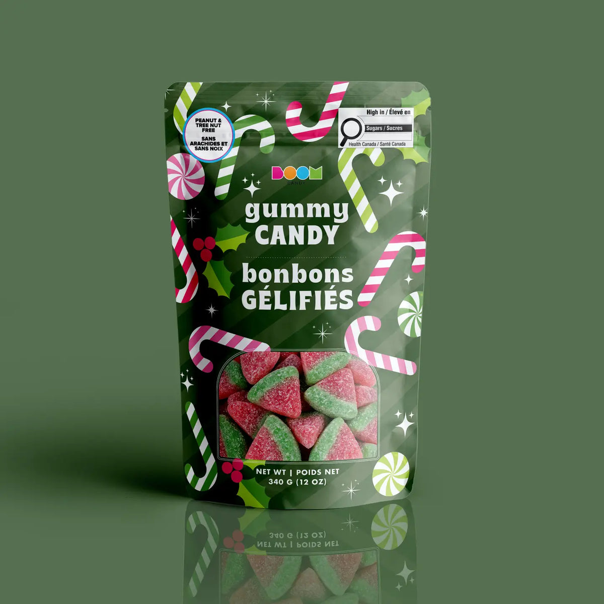 Green Candy Canes package featuring a cheerful and fun assortment of festive holiday candy treats from a 100% peanut and tree nut free facility.