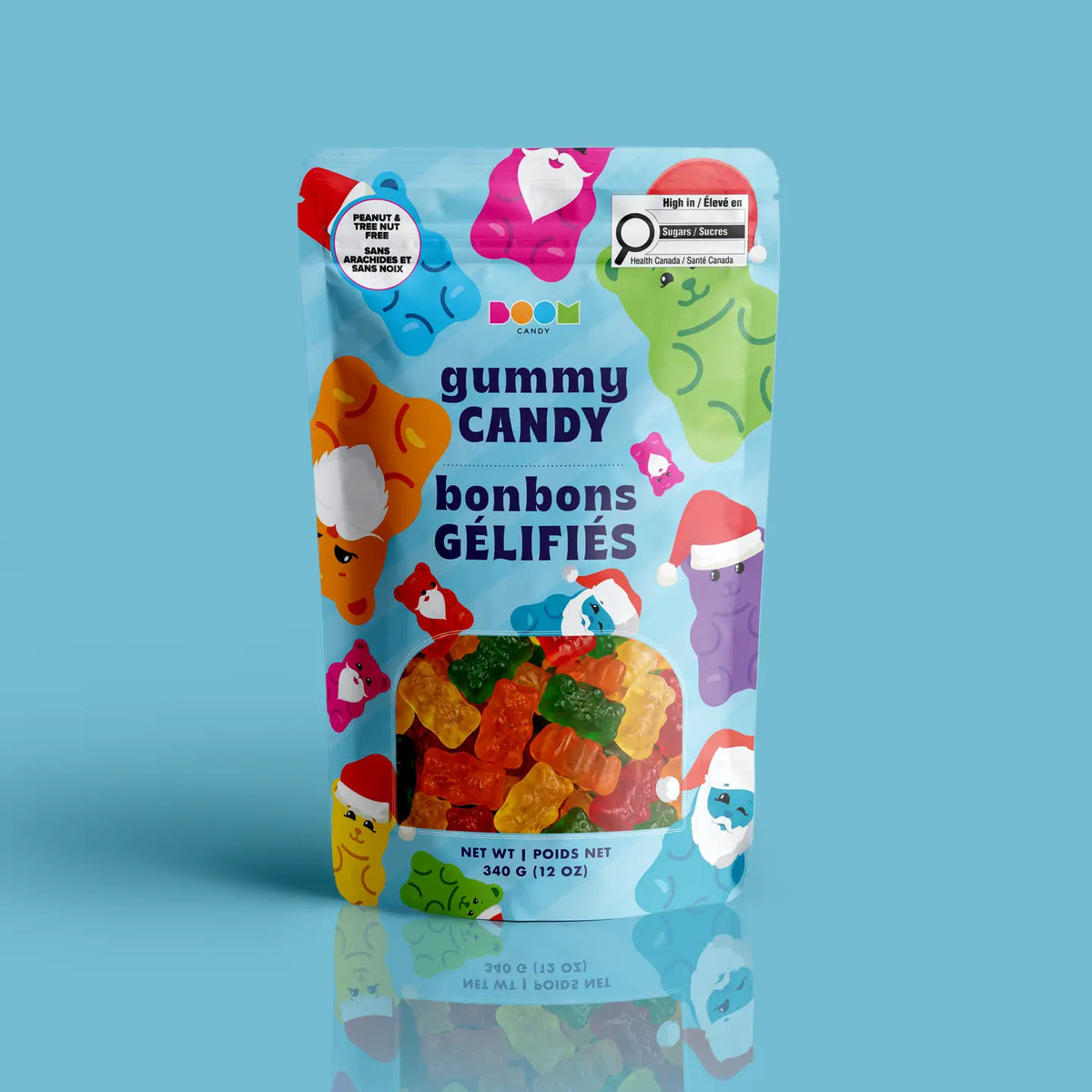 Gummy Bears & Santa Hats package featuring a cheerful and fun assortment of festive holiday candy treats from a 100% peanut and tree nut free facility.